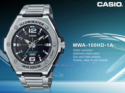 CASIO 卡西歐 手錶專賣店 國隆 MWA-100HD-1A 指針 男錶 不鏽鋼錶帶 黑色 防水 MWA-100HD