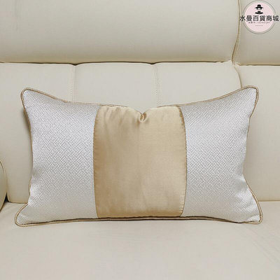 廠家出貨新中式米白色條紋沙發抱枕套樣板房軟裝金色拼接床上靠墊