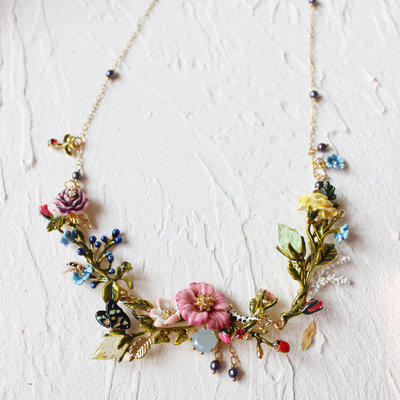 【現貨精選】Les Nereides 法國首飾品 東方花園系列 繁花粉花藍花金葉 蝴蝶瓢蟲 鉆寶石項鏈