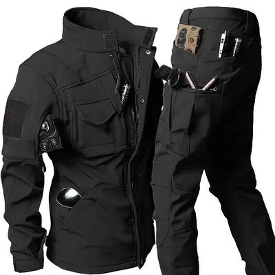 軍裝抓絨保暖套裝冬季防水飛行員夾克+軍裝多口袋工裝褲2件套耐磨戰術套裝