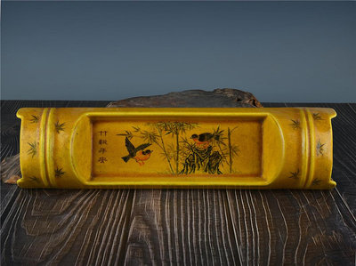 清乾隆膠黃釉墨彩竹報平安紋文具盒古董古玩古瓷器文玩藝術收藏高5.5厘米長39.3厘米