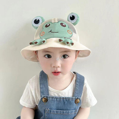 Miss.Q 嬰兒漁夫帽子夏季網眼透氣寶寶防曬遮陽帽可愛青蛙幼兒男女童盆帽