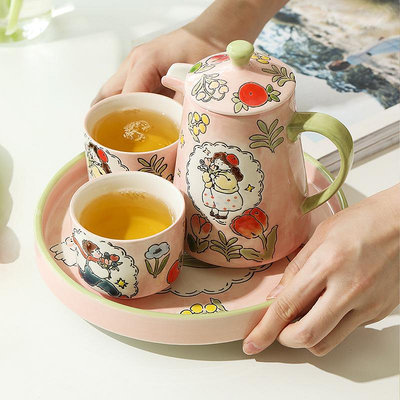 手繪茶具套裝禮盒帶茶盤一體家用情侶款下午茶陶瓷茶壺茶杯