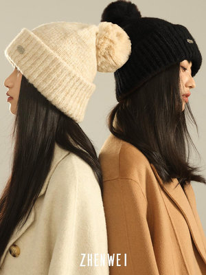 白色毛球針織帽子女秋冬天黑加厚保暖護耳冷帽包頭毛線帽米色棉帽-實惠小店