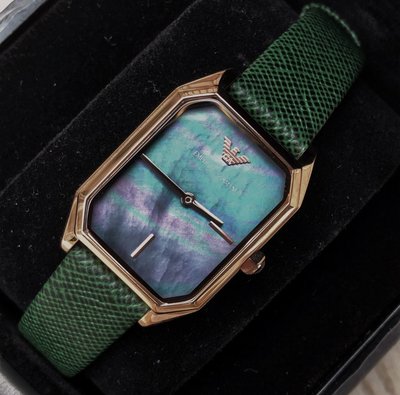 EMPORIO ARMANI 珍珠貝母錶盤 綠色真皮皮革錶帶 石英 女士手錶 AR11149 優雅小方錶 亞曼尼腕錶