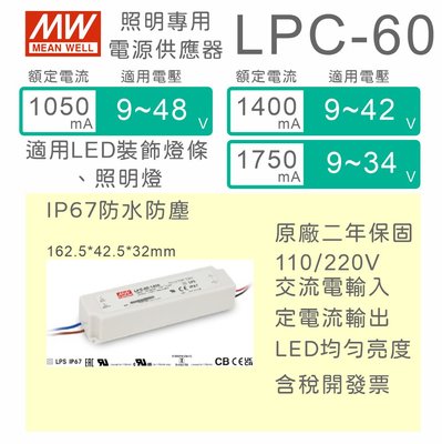 【保固附發票】明緯 60W LED driver LPC-60 防水電源 驅動器 變壓器 12V 24V 30V 36V