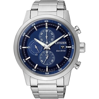 【台南 時代鐘錶 CITIZEN】星辰 光動能 競速情人三眼計時腕錶 CA0610-52L 藍/銀 43mm