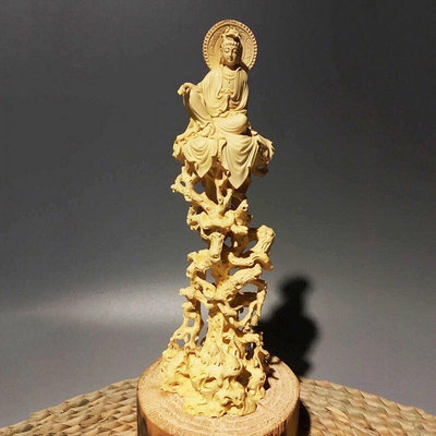 黃楊木雕自在觀音佛像擺件 客廳裝飾家居坐樹藤觀音菩薩供奉擺設