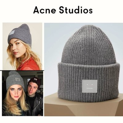 Acne Studios ►( 灰色 ）Face 方塊臉刺鏽 羊毛針織 毛帽 中性款｜100%全新正品｜特價!