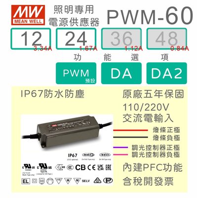 【保固附發票】MW明緯 60W LED燈條DALI調光 電源 PWM-60-12 12V 24 24V 變壓器 驅動器