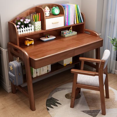 實木書桌書架一體桌簡約可升降兒童學習桌家用臥室中小熱銷