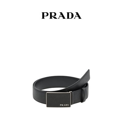 【熱賣精選】Prada/普拉達男士徽標裝飾金屬帶扣皮革腰帶皮帶