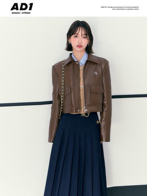 ANDYET AD1設計學院風Polo領棕色短外套寬松通勤大口袋皮衣女