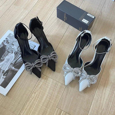直購#Amina Muaddi 新款珍珠蝴蝶結綢緞高跟鞋女鞋