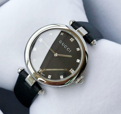 GUCCI Diamantissima 銀色款 黑色錶盤 黑色皮革錶帶 石英 女士手錶 YA141403