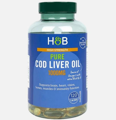 荷柏瑞HB富含DHA鱈魚肝油EPA歐米伽3維生素AD深海魚油高濃度120粒英商COD LIVER OIL