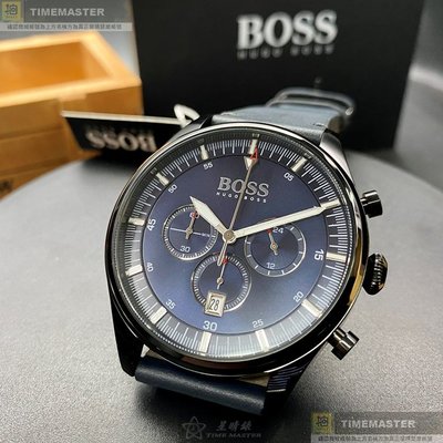BOSS手錶,編號HB1513711,40mm黑圓形精鋼錶殼,寶藍色三眼, 精密刻度錶面,深藍色真皮皮革錶帶款