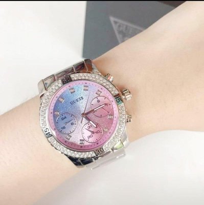 GUESS 晶鑽圈 漸層色錶盤 銀色不鏽鋼錶帶 石英 女士手錶 w0774L1