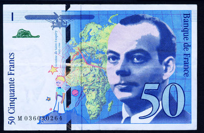 法國 1997年版 50法郎(小王子作者 圣.埃克蘇佩里) 8成左右品相！ 紙幣 紀念鈔 紙鈔【悠然居】296