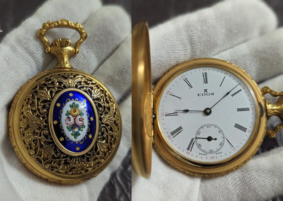 （庫存新品）罕見1960年代停產瑞士老牌((EDOX))洛可可風格（雕花鏤空）手動上鍊機械懷錶