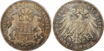 PCGS MS64 德國1913-J漢堡自由市 雙獅3馬克 pcgs評級幣  公博評級幣-7565