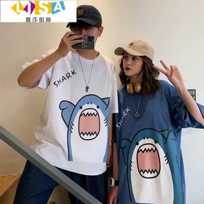 新款情侶短T恤 韓版卡通鯊魚頭印花五分袖短袖上衣 男女 情侶裝 (3色~麗莎服飾