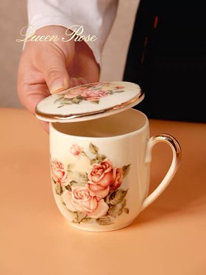 粉紅玫瑰精品屋~韓國進口Queen Rose女皇玫瑰帶蓋陶瓷馬克杯~