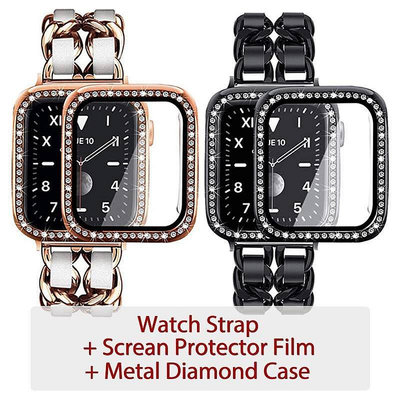 熱銷 女生鍊式錶帶錶殼 適用Apple Watch 不銹鋼錶帶 帶鑽錶殼 7代 6 5  4 3 2 1 38 44 4