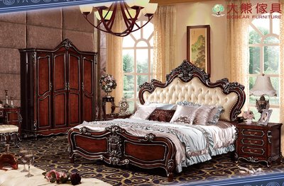 【大熊傢俱】809 歐式皮床 新古典 美式皮床 實木床 雙人床 雕花 床台 床台 床架 另售有化妝台 床尾凳  床頭櫃
