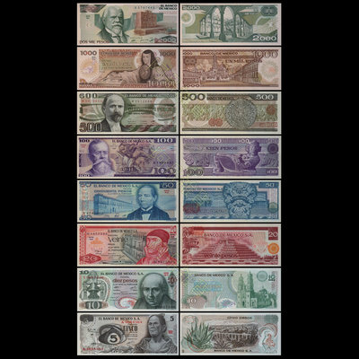 現貨實拍 墨西哥 8張一套 金字塔 瑪雅 神殿 遺跡 太陽 鈔票 紙鈔 鈔 幣 印地安 原住民 古蹟 非現行流通貨幣