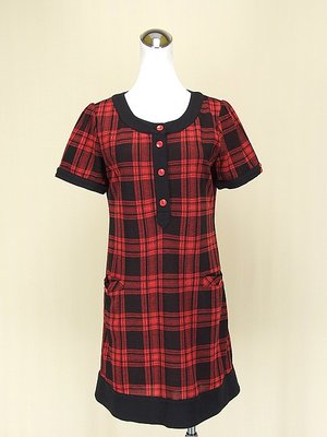 ◄貞新二手衣►POLISEN 聖路加設計師 紅色格紋圓領短袖棉質洋裝M號(64057)