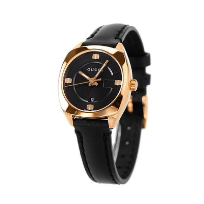 GUCCI YA142509 古馳 手錶 29mm  黑色面盤 黑色皮錶帶 玫瑰金 男錶 女錶