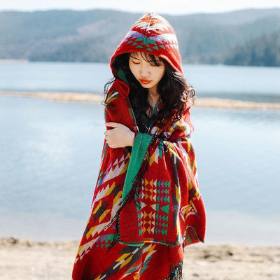 西藏新疆民族風披肩 圍巾 兩用外搭旅遊連帽鬥蓬厚保暖沙漠拍照披風 極速出貨