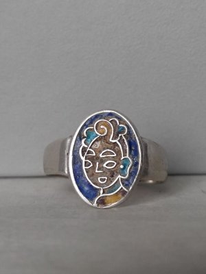 藏寶閣 （老銀飾品）線條極好帶款的民國老銀燒藍人物戒指很好玩的戒指老銀蛋面戒指 Cchg3440
