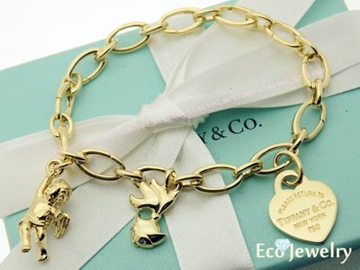 《Eco-jewelry》【Tiffany&amp;Co】 新款18K邱比特、鑲鑽金魚、愛心牌經典三吊飾粗圈手鍊～專櫃真品近新品