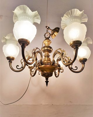 歐洲老物-西班牙老件-西班牙老吊燈-西班牙黃銅玻璃老燈