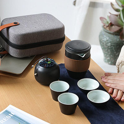 茶具 創意陶瓷旅行茶具套裝便攜包黑陶快客杯一壺四杯公司年會