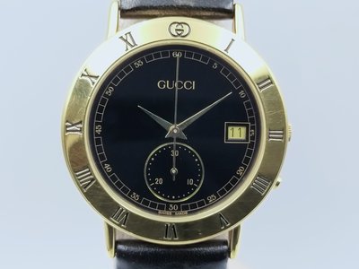 【發條盒子H3800】GUCCI 古馳 鍍金黑面 石英兩針 日期顯示 計時器60秒30分 經典中性腕錶