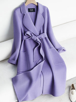 紫色雙面羊絨大衣女反季中長款過膝高端減齡修身赫本風羊毛呢外套