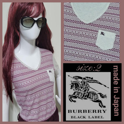 Burberry Black Label 黑標，日製，V領酒紅色圖騰，LOGO小口袋，短袖上衣，尺寸：2
