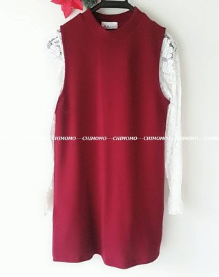 【CHIMOMO】 氣質款 蕾絲公主袖洋裝 圓領長袖長版背心 連身洋裝(酒紅/兩件式)