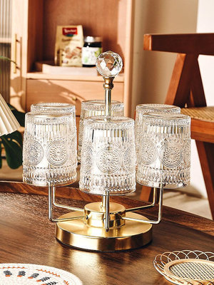金邊浮雕玻璃杯子套裝家用水杯客廳待客茶杯家庭喝水杯子杯架杯具~優樂美