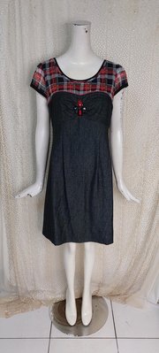 W549品牌INKATSU紅黑格紋雪紡拼接牛仔彈性單寧布連身裙洋裝XL