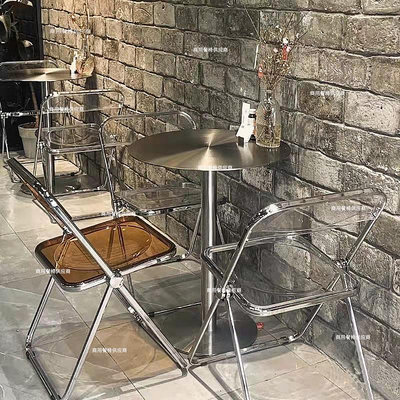 工業風亞克力折疊椅燒烤小吃烘焙奶茶店甜品咖啡廳不銹鋼桌椅