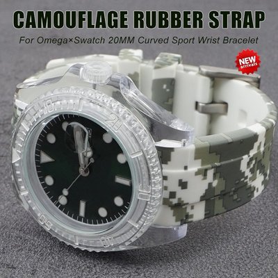森尼3C-於 OmegaxSwatch 20MM 彎曲運動腕帶於 Omega 手錶迷彩橡膠錶帶男士女士錶帶配件-品質保證