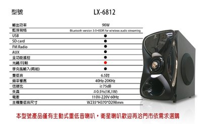 Vesonic LX-6812 主動式重低音籃芽喇叭主機。有MIC可唱。二手正常。限面交試機。含高中音喇叭一對