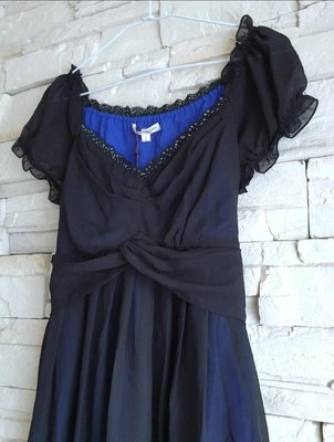 全新D'ACCORD深藍黑雙色100%絲質公主款洋裝