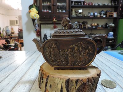 ~早期收藏~老件精緻銅雕西遊記造型茶壺 觀世音人物故事銅雕茶壺 銅壺 擺件 有款