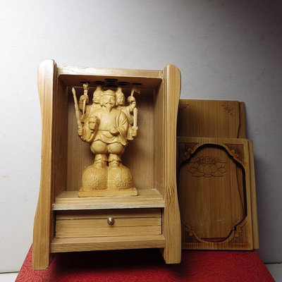 紫晶宮精品隨身佛龕黃楊木大黑天神財神木雕佛像盒子10.8釐米7.6釐米5.2釐米
