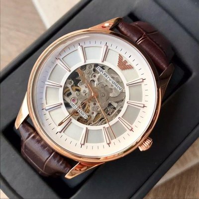 EMPORIO ARMANI 白色面 鏤空錶盤 棕色皮革錶帶 自動機械錶 AR2073